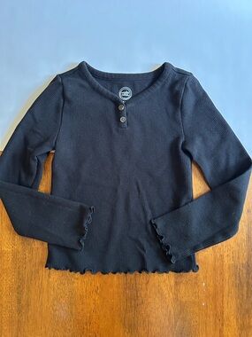 Black Waffle Knit Lettuce Hem Henley Top Girl XS(4-5) | Wonder Nation